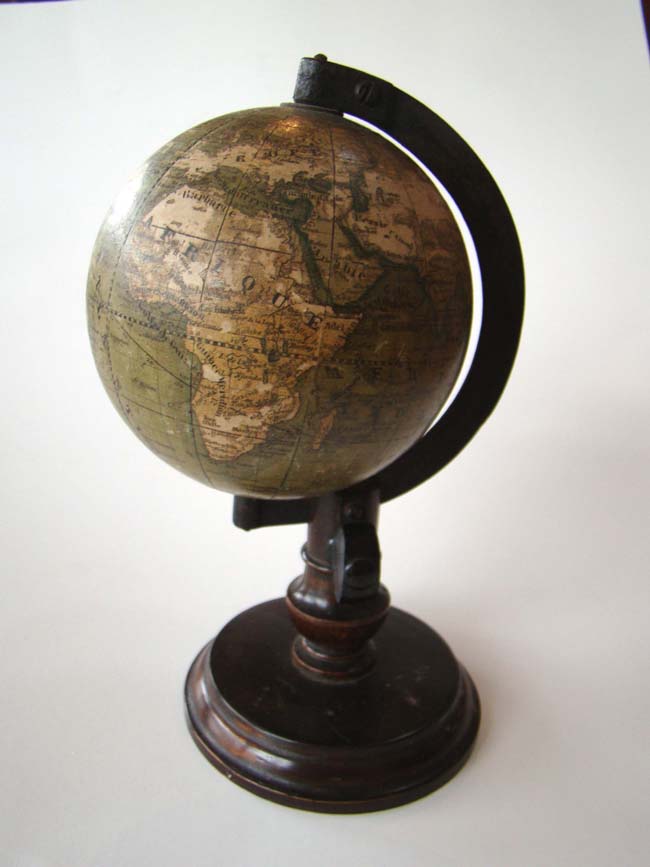 A fine and RARE miniature (4 1/4" diameter) highly dtailed Terrestrial Globe by C. Abel-Klinger of Nuremberg, Germany, circa 1860-1890.